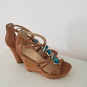 Brown Wedge Sandals with Blue Accents